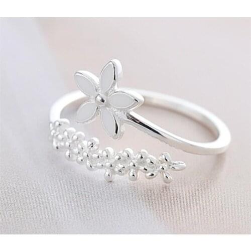 Girls Sweet Small Fresh Flower Silver Color Temperament Personality Literary Fashion Gift Korea Female Resizable Opening Rings