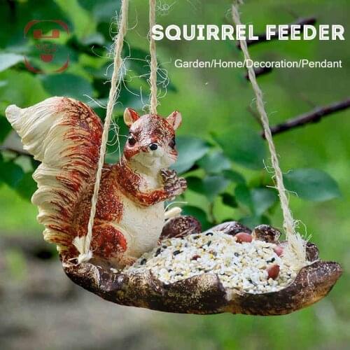 Creative Resin Hemp Rope Hanging Squirrel Statue Bird Feeder Outdoor Garden Decoration Home Ornament Snack Plate Multifunc