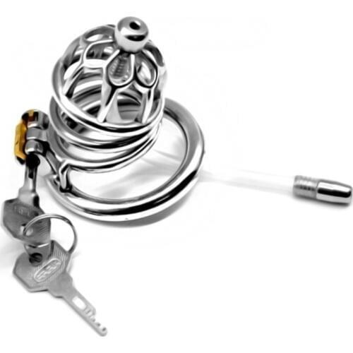 2020 New Stainless Steel Round Penis Rings Chastity Lock Cage Chastity Apparatus with Catheter Penis Cage Sex Toys for Men G264D