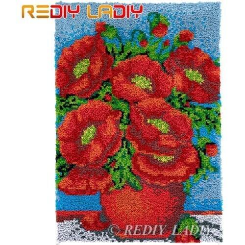 Latch Hook Kits Poppies Vase Chunky Yarn Embroidery Crocheting Tapestry Kits Needlework Arts & Crafts DIY Carpet Rug 58*85cm