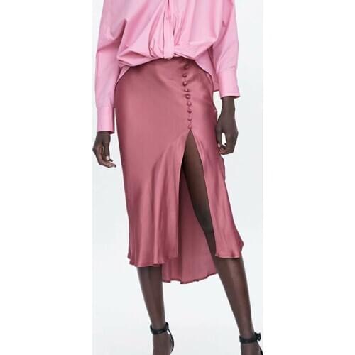 Couture Summer Glossy satin Trumpet Womens Skirts High Waist Skirt Pink Midi Skirt Charming Split Formal Party jupe Real Image