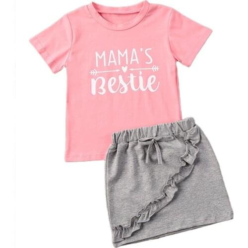 Summer Toddler Baby Girls Clothes Sets Lovely Letter Print Pink Short Sleeve T Shirts Tops+Grey Ruffles Mini Skirts 2Pcs 1-6Y