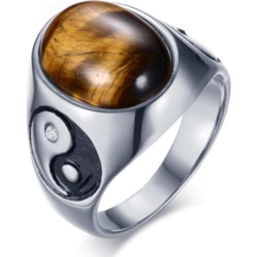 Mens Personality Retro Oval Tiger Eye Brown Jewelry Band Yin Yang Tai Chi Stone Bracelet Ring Jewelry