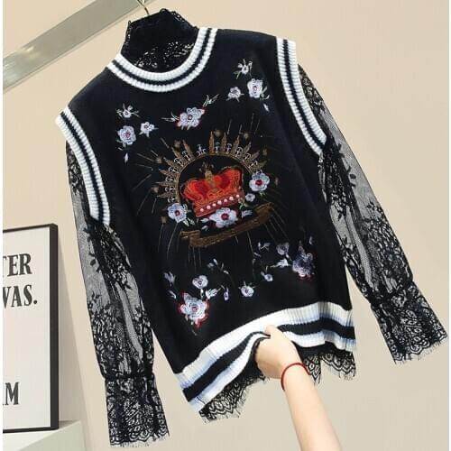 Autumn And Winter Women Sweater Crown Embroidery O-neck Kntted Loose Vest Casual Tank Tops Pullover Sweater