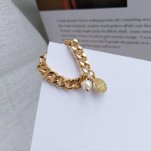 Personality Hip Hop Gold Color Chain Coin Rings for Women Femme Alloy Big Simulated-Pearl Star Print Charm Rings Party Jewelry