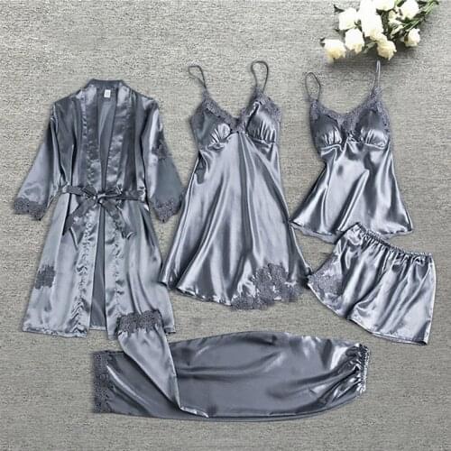 Sleepwear Female 5/4PCS Pajamas Set Satin Pyjamamas Lace Patchwork Bridal Wedding Nightwear Rayon Home Wear Nighty&Robe Suit