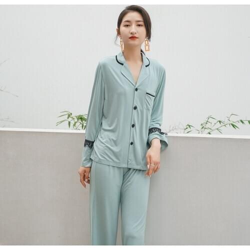 Autumn Long-Sleeved Pajamas 2 Piece Suit Women Modal Pijamas Solid Viscose Turn-down Collar Sleepwear Leisure Simple Home Suit