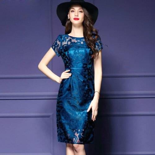 Summer Elegant Women Office Lady Blue Red Short Sleeve Embroidery Pencil Dress , Fashion Female Woman Slim 3xl Placket Dresses