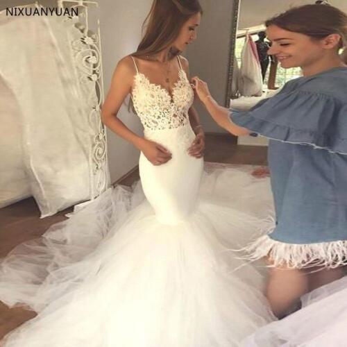 Mermaid Wedding Dress V-Neck Tulle Bridal Gowns Spaghetti Straps Backless New Coming Vestidos De Novia Custom Made Longo