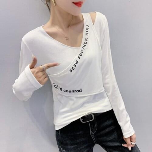 #8587 Black White Streetwear Hip Hop T Shirt For Women Cotton Letters Print Off Shoulder False Two Piece T Shirt Female Harajuku