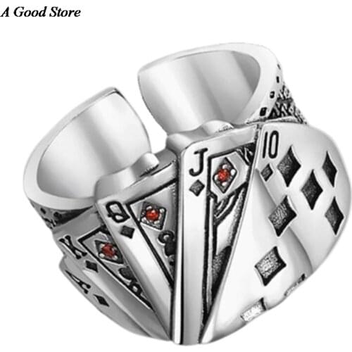 Resizable Hiphop Rock Street Culture Fashion Trendy Man Jewelry Gift Vintage Distressed Straight Flush Playing Card Ring