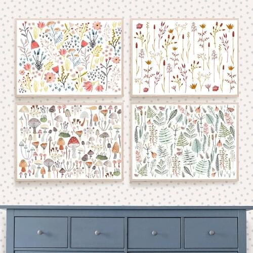 Vintage Flowers Grasses Mushrooms Poster Botanical Ferns Living Room Painting Picture Aesthetic Room Decor Canvas Paintng Decor