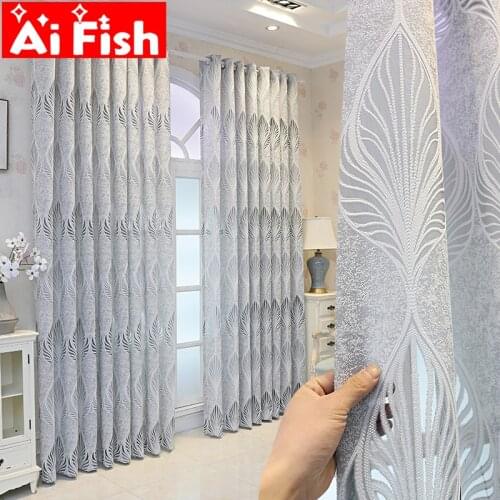 Grey Hollow Leaves Jacquard Curtains Opaque Tulle Window Drapes for living room Modern Geometric Bedroom Semi-shading Gauze #40