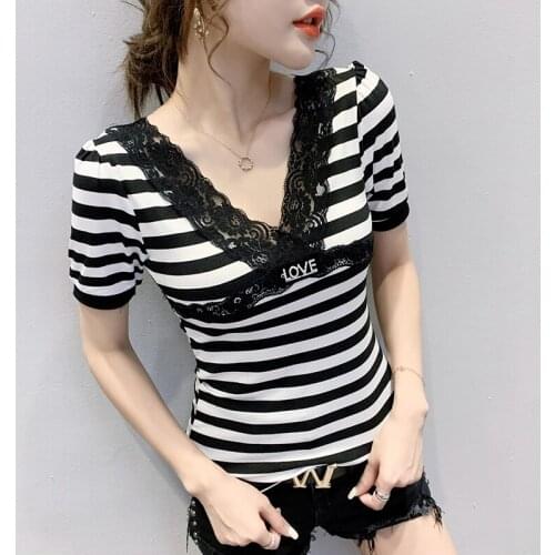 2021summer Casual stripe T-shirt Fashion Lace stitching Short sleeve V-neck Top Women T Shirt Plus Size