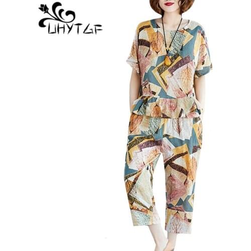 UHYTGF Cotton linen printed summer two piece set women fashion ruffled Tshirt+pants suit loose plus size clothes for women 1129