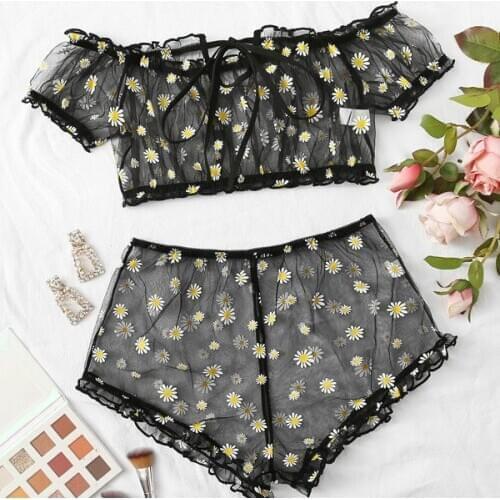 Female Mesh Lingerie Clothes Set 2 Piece Daisy Floral Printed Lace Floral Transparent Elegant Erotic Underwear for Women