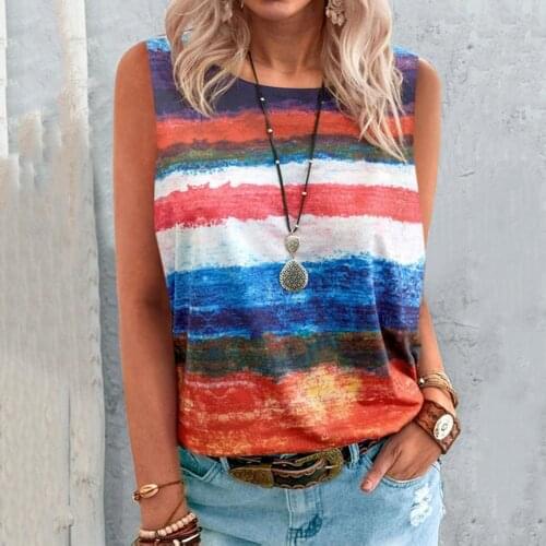 Women Vest Stripe Print Breathable Summer Sleeveless Round Neck Top for Party