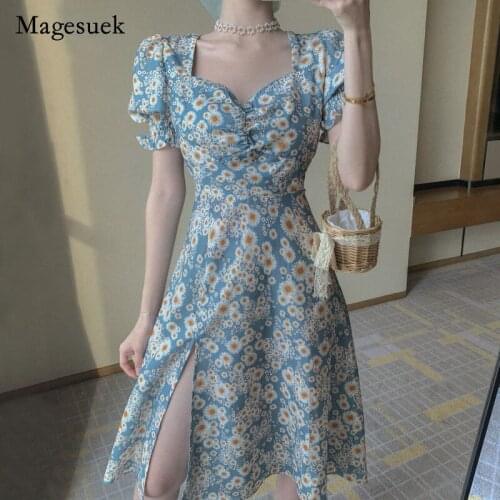 Vestido Summer Floral Dress Hepburn Style Print Flowers Sweet Puff Sleeve Chiffon Split Dress Oversize Women Clothes Robe 14555