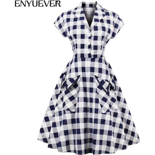 Enyuever Women Summer Dresses Casual Clothes Cotton Short Sleeve Turn Down Collar Robe Pin Up Swing Blue Plaid Vintage Dress