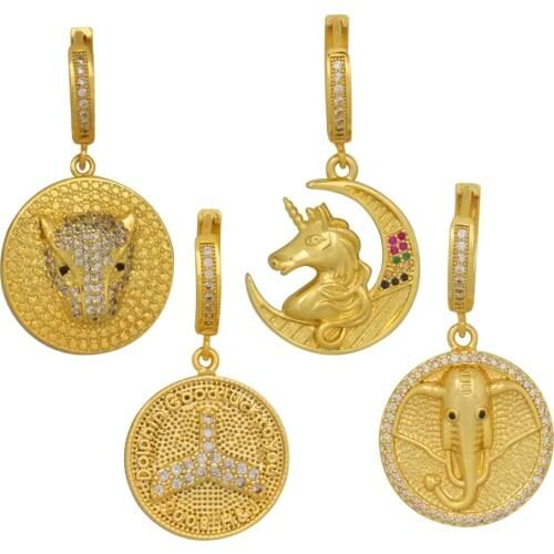 Gold Animal Hoop Earrings for Woman Cute Jewelry Cubic Zirconia Round Coin Fish Tail Unicorn Leopard Elephant Earring Hoops