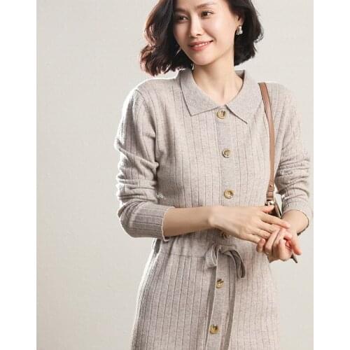 2021 Autumn Winter 100% Wool Dress Women Button-up Knee-length Long Sleeve Shift Dress Lady Loose Casual Tunic Basic Dresses