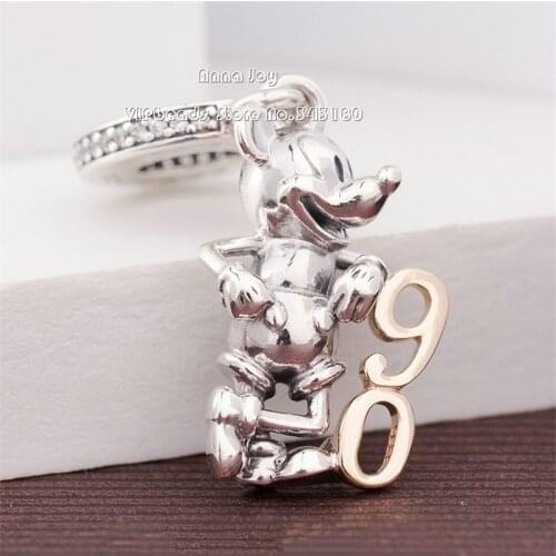 Alissa 2018 Winter 925 Sterling Silver Golden Mickey 90th Anniversary Dangle Charm Fit European Pandora Bracelet Pendant