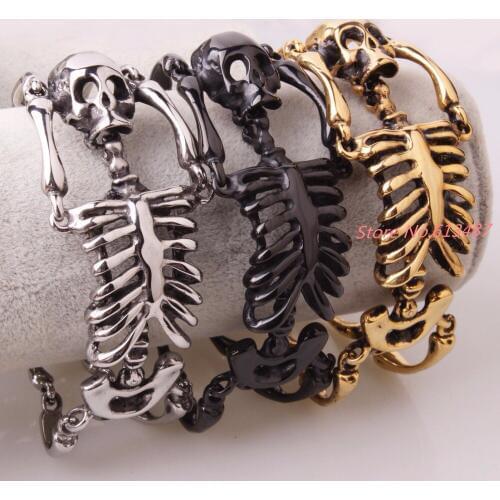 Big Skull Bones Bracelet Statement Gothic Jewelry Stainless Steel Skeleton Men Bangles Rock Punk Bracelets