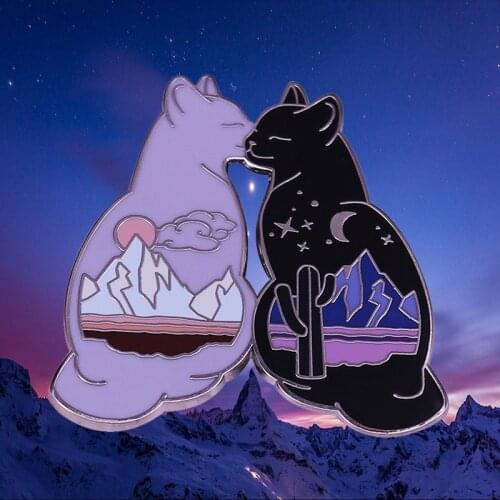 Day night snow mountain Yin yang kissing cat enamel pin kitty brooch desert scenes Celestial Valentines Day Romantic Gift