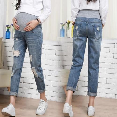 Maternity Hole Jeans Elastic All-match Stonewashed Waist Belly Pencil Denim Trousers Pregnant Women Pregnancy Straight Pants
