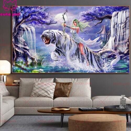 Diamond Embroidery Fantasy girl green hair elf bow white tiger Rhinestone painting DIY Diamond Painting Cross Stitch Decor large