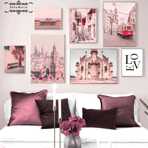 Scandinavian Style Pink Wall Art City Street Canvas Painting Building Posters and Prints Modular Pictures for Living Room Decor