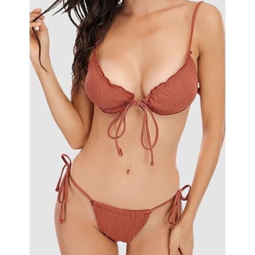 Two Piece Bathing Suit Triangle Ruched Tie Back Bikini Set Cut Bandage Summer Swimsuit Solid Trikinis Woman 2021 Bath Clothing