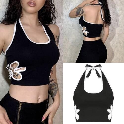 Hot Women Tank Top Summer Sexy Hollow Out Camisole Girl Creative Floral Hollow Hanging Neck Backless Sleeveless Slim Top