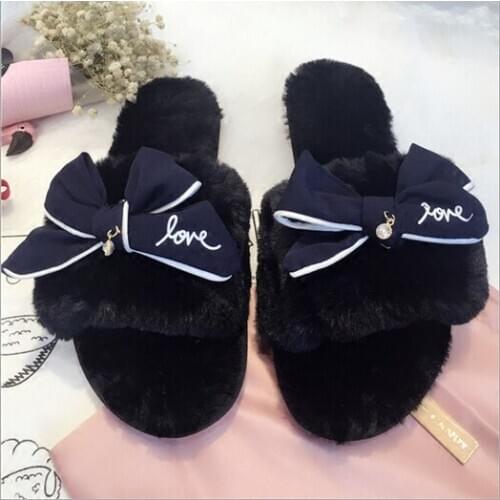Fashion bowtie winter slippers with feathers women luxury design fur slides girls pink fur flip flops warm plush flower sandals