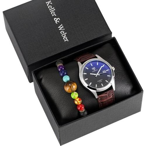 Men Watches Gift Set Mysterious Dark Blue Dial Quartz Watch Seven Chakras Bracelet Top Luxury Wrist Date Clock for Husband Dad