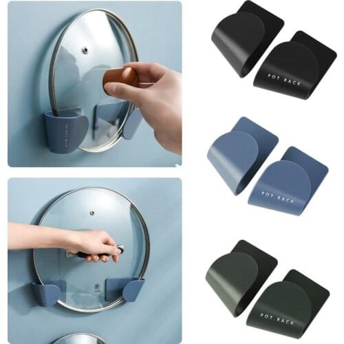 1Pair Pot Lid Holder Wall-Mounted Pan Cover Hanging Holder Punch-Free Adhesive Pot Storage Rack Lid Organizer Kitchen Tool
