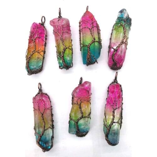 Wholesale Colorful White Crystal Pillar Pendants Handmade Antique Copper Wire Wrapped Tree of Life for Jewelry Making