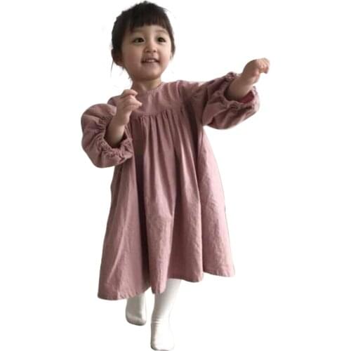 2021 New Arrival Fall Clothes Age For 1 - 6 Years Baby Girls Chinese Style Simple Long Dress Beige Pink Kids Casual Loose Frocks