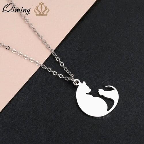 QIMING Stainless Steel Cat Necklace Double Cats Mon And Baby Family Jewelry Women Animal Pet Lover Mother Gift Necklaces
