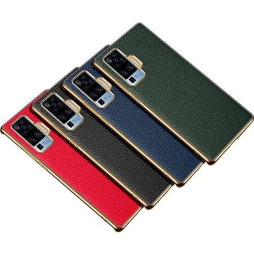 Plating Frame Genuine Leather Phone Case For Vivo X60 Pro Case Shockproof Cowhide TPU Cover Coque For Vivo X50 Pro X60 Pro Funda