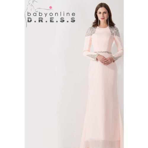 Middle East Pink Arabic Muslim Evening Dress Long Sleeve Beaded Kaftan Dubai Evening Gowns Robe de Soiree Longue Abendkleider