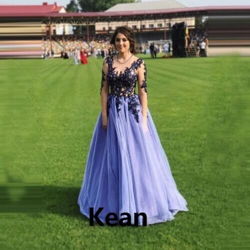 Lilac Evening Dress Applique Full Sleeve Cheap Special Occasion robe soiree Islamic Dubai Kaftan Saudi Arabic Prom Gown