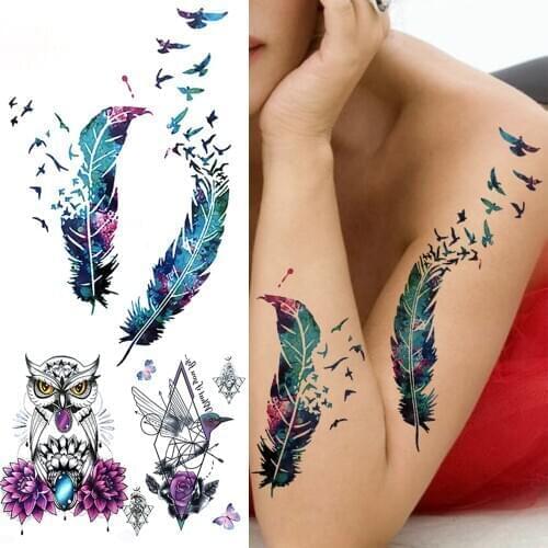 Watercolor Feather Bird Temporary Tattoos For Women Girls Clever Owl Hummingbirds Flower Tattoo Sticker Fake Tatoos Geometric