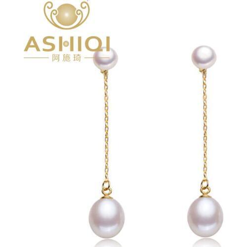 ASHIQI 925 sterling silver drop Earrings Natural Freshwater double Pearl long Earrings jewelry for Women gifts