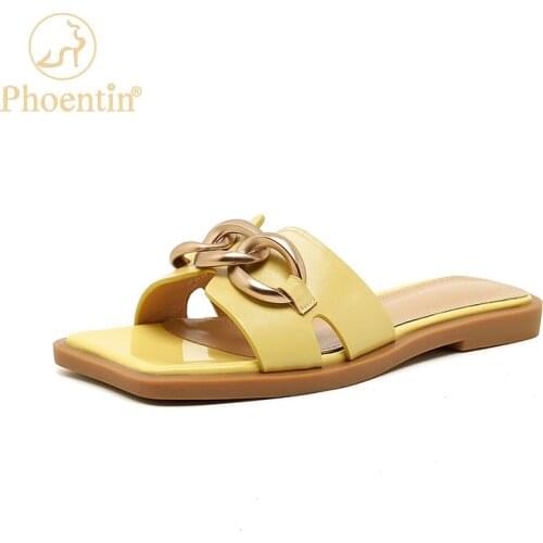 Women Retro Chain flat Genunie leather Slippers 2021 Summer new Outdoor open toe Elegant Women Slides Sandal Mule shoes FT1611