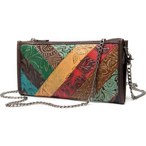 MAHEU Bohemian Style Woman Long Wallet With China Strap Genuine Leather Purse Shoulder Bag Stitching embossed clutch bag