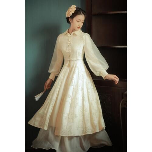 Vintage Chinese Style Women 2 Piece Outfits New Design Cheongsam Chiffon Lace Embroidery Lantern Sleeve Fairy Dress Matching Set