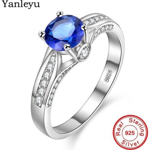 Yanleyu Luxury Wedding Rings for Women 100% Solid 925 Sterling Silver 6mm Blue Cubic Zircon Engagement Ring Jewelry Gift PR118