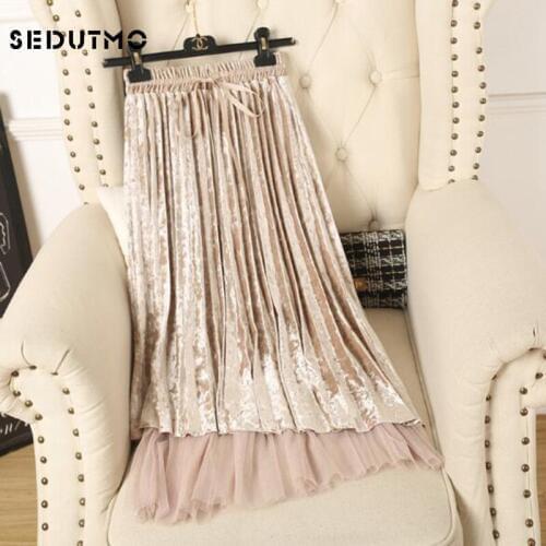SEDUTMO 2018 Winter Lace Pleated Skirts Women High Waist Velvet Skirt Spring Midi Black Vintage Mesh Corduroy Tutu Skirt ED065