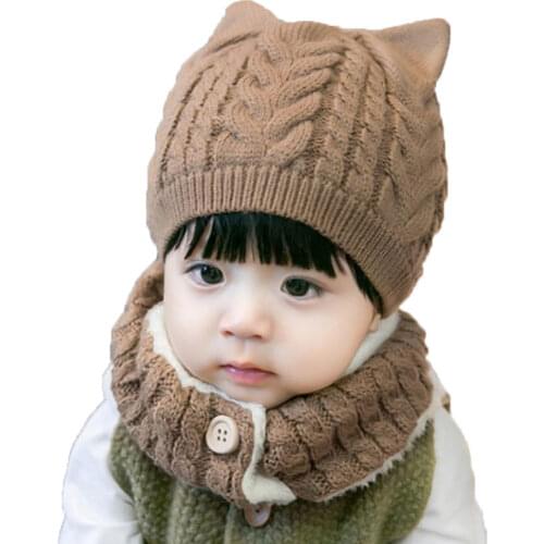 Winter Baby Girl Hat And Scarf Set For Children Boys Kids Thick Cable Knit Ear Beanie Cap Button Scarves Warm Wear 2 Pcs Suit